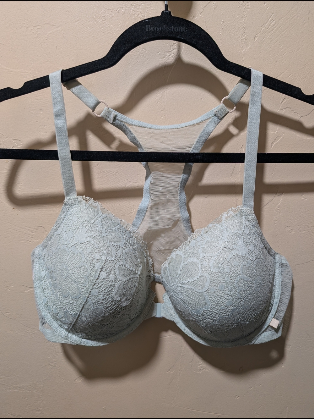 Victoria's Secret Seafoam Lace Racerback Demi Bra W/Front Closure 38D